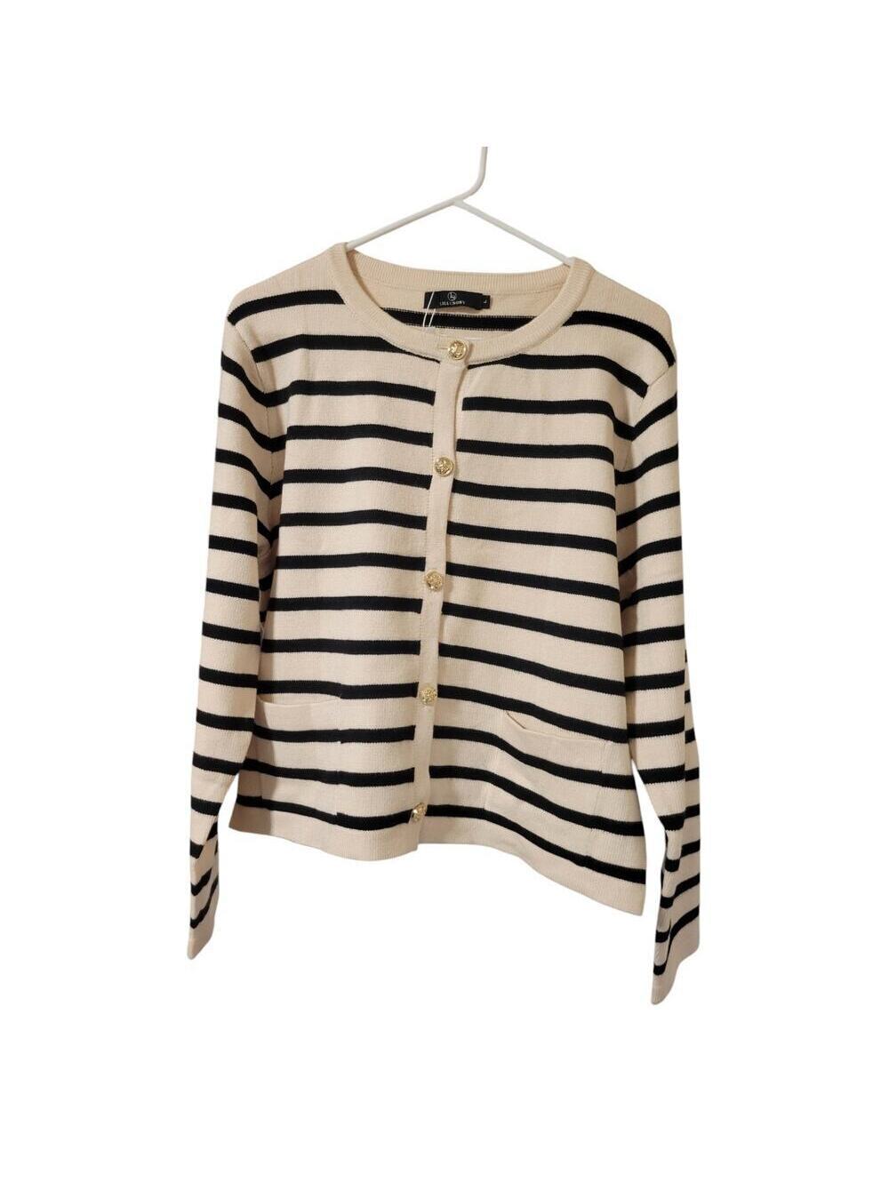 NWT LILLUSORY Women's Striped Cardigan Button Sweater Black Cream Size L